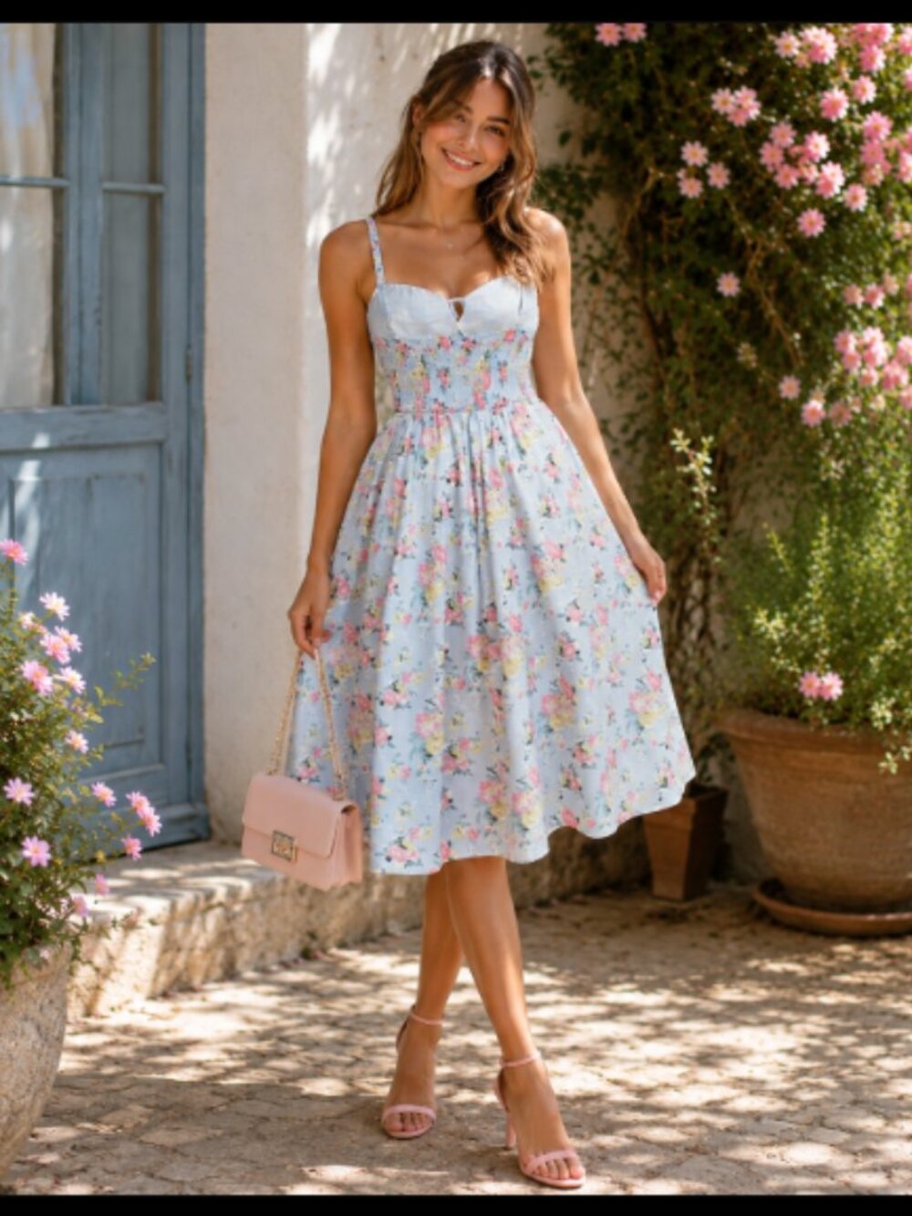 SHEIN Light Blue Floral Cami Midi Dress Tie Sleeveless Smock Boho Size Medium 6